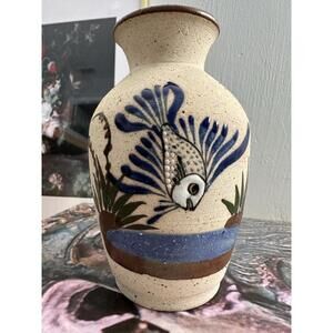 Mexican Folk Art Tonala Pottery Hand Painted Fish Design Vase
